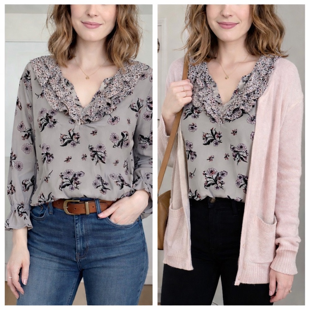 LOFT Gray Floral Ruffle V-Neck Blouse
